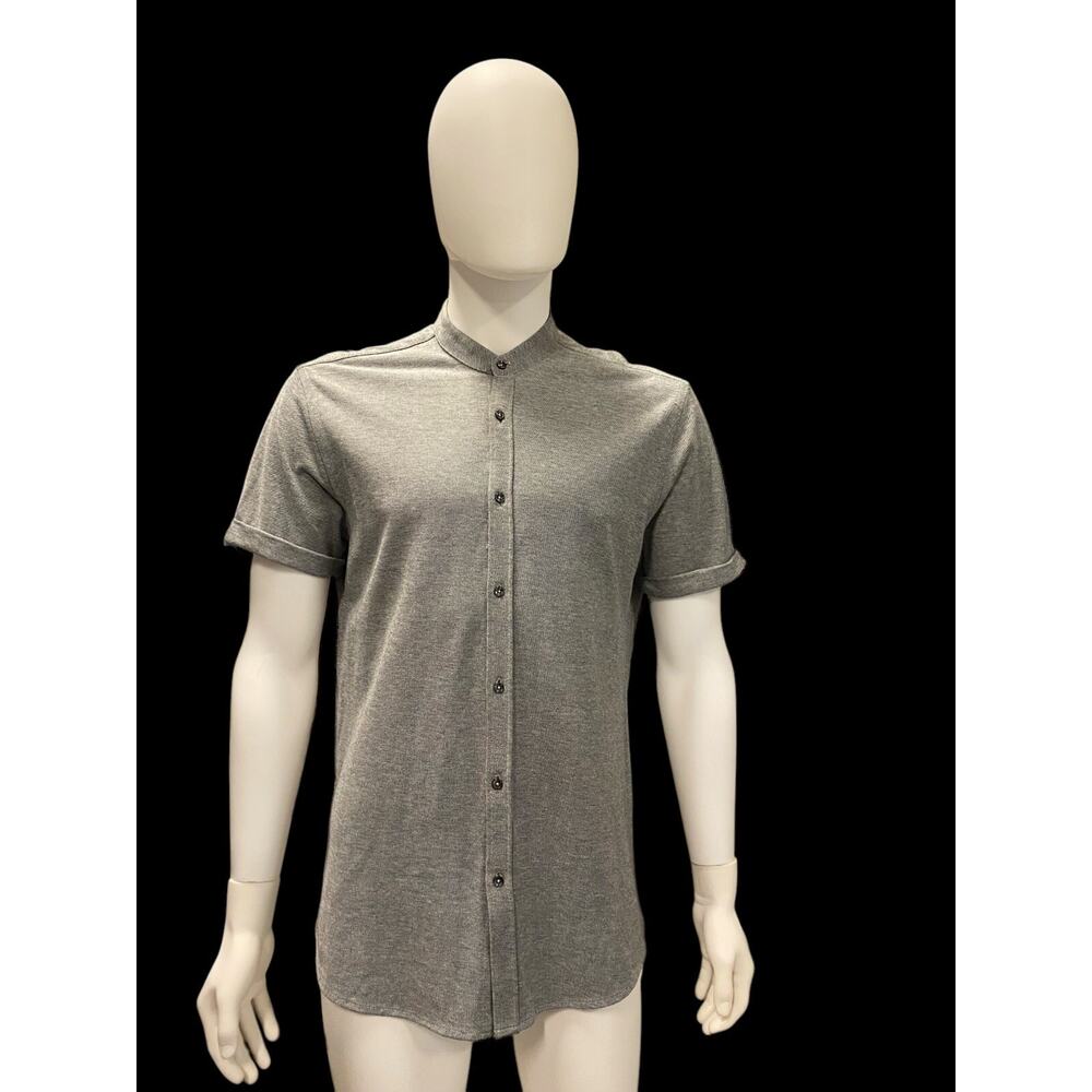 Zara Shirt Mens Gray Button Front Band Collar Knit Slim Roll Sleeve Large